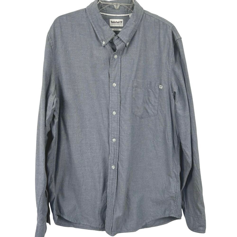 Timberland Mens Slim Fit Button Down Shirt Blue Cotton Long Sleeve Casual XL